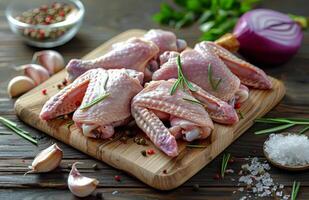 ai generato crudo pollo Ali su di legno taglio tavola con spezie e verdure foto