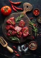 ai generato crudo carne bistecche su taglio tavola con rosmarino pomodori caldo peperoni sale e spezie foto