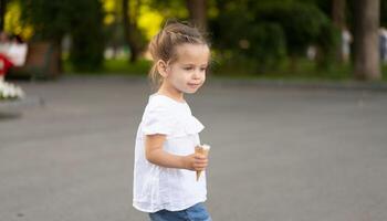 poco caucasico ragazza 3 anni vecchio mangia ghiaccio crema avvicinamento ritratto foto