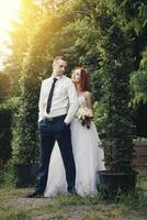 bello sposo detiene il della sposa mano vicino verde fiore arcata foto