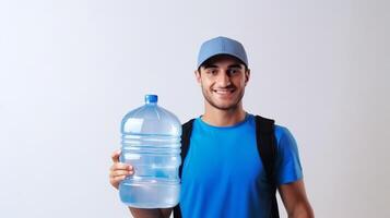 ai generato sorridente uomo nel blu uniforme con grande acqua bottiglia. leggero sfondo. bandiera con copia spazio. concetto di acqua consegna, idratazione servizio, potabile la fornitura, rinfresco. foto