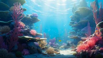 ai generato subacqueo paesaggio marino con vivido corallo scogliera. concetto di lo snorkeling macchie, acquatico ecosistemi, mare conservazione, marino vita, e luce del sole penetrazione foto