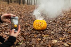 mano Tenere Telefono e assunzione foto di zucca e foglia. instagram blogging concetto. Halloween o ringraziamento autunno vacanza. spazio per testo. accogliente umore autunno