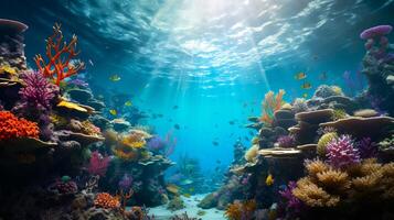 ai generato subacqueo paesaggio con tropicale pesce e corallo scogliera. concetto di marino vita, naturale acquari, e biodiversità conservazione foto