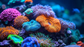 ai generato avvicinamento di multicolore corallo nel il oceano. concetto di scogliera ecosistema, marino habitat, subacqueo flora, e immersione turismo foto