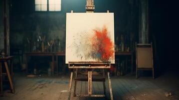 ai generato dell'artista cavalletto con un' pittura nel arte studio. concetto di arte creazione, artistico spazio di lavoro, ispirazione, e pittura processi foto