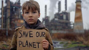 ai generato infelice ragazzo detiene un' protesta cartello quello Scrivi Salva nostro pianeta foto