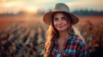 ai generato bellissimo giovane femmina contadino con azienda agricola sfondo foto