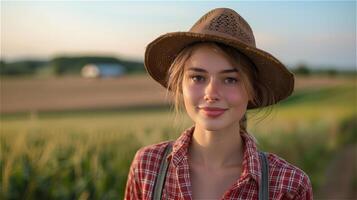ai generato bellissimo giovane femmina contadino con azienda agricola sfondo foto