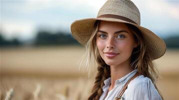 ai generato bellissimo giovane femmina contadino con azienda agricola sfondo foto