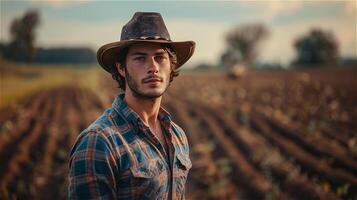 ai generato bello giovane uomo contadino con azienda agricola sfondo foto