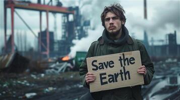 ai generato giovane uomo detiene un' protesta cartello quello Scrivi Salva il terra foto
