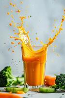 ai generato carota broccoli sedano verdura succo spruzzo è scrosciante a partire dal sopra in un' bicchiere su bianca sfondo foto