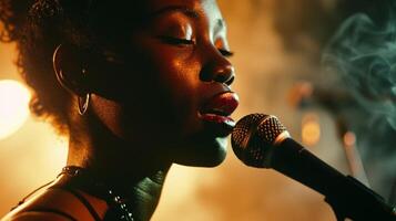 ai generato un' donna è cantando in un' microfono con Fumo In arrivo su di sua bocca foto