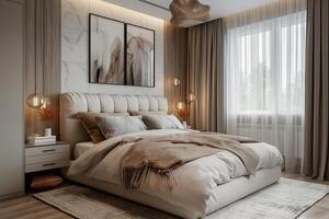 ai generato Camera da letto design nel scandinavo stile nel grigio e beige toni foto