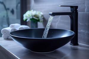 ai generato avvicinamento di un' nero il giro Lavello e un' nero Opaco rubinetto con fluente acqua. minimalista interno design di un' moderno bagno foto