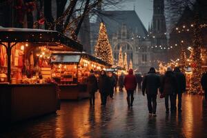 ai generato Natale mercato si illumina a notte sfondo nel il città foto