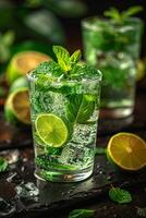 ai generato bicchiere di rinfrescante freddo Mojito avvicinamento, tempra sete foto