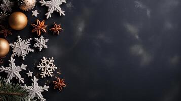ai generato minimalista sfondo con rame decorazioni - Natale palle, pino rami e coni su un' buio grigio sfondo foto