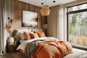 ai generato Camera da letto interno design nel scandinavo stile nel terracotta e beige toni foto