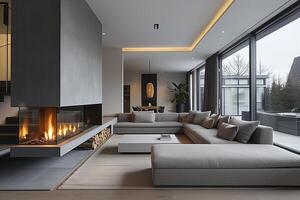 ai generato minimalista interno design di un' moderno vivente camera con un' grigio angolo divano e un' grande bicchiere camino foto