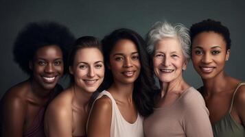 ai generato un' gruppo di donne in posa per un' immagine, uno di chi è un più vecchio donna foto