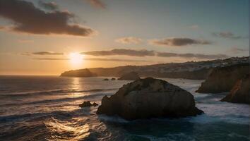 ai generato d'oro orizzonte un' maestoso tramonto al di sopra di roccioso spiaggia foto