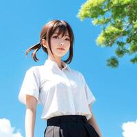 ai generato anime ragazza con bianca camicia e blu cielo sfondo foto