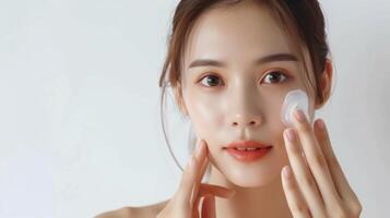 ai generato giovane asiatico donna con un' impeccabile carnagione l'applicazione viso crema foto