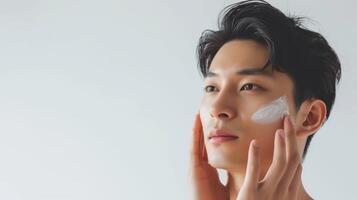 ai generato asiatico uomo delicatamente l'applicazione bianca idratante crema su il suo guancia, cura della pelle routine foto