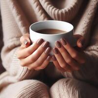 ai generato donna Tenere tazza di caffè. persona cullare un' caldo tazza di caffè avvolto nel accogliente maglieria. generativo ai. foto