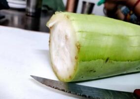 affettato bottiglia zucca con coltello su il tavolo foto