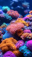 ai generato avvicinamento di multicolore corallo nel il oceano. concetto di scogliera ecosistema, marino habitat, subacqueo flora, e immersione turismo. verticale formato. foto