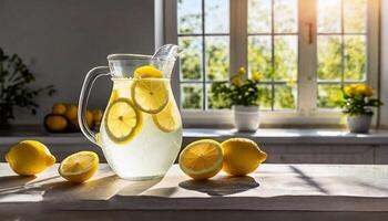 ai generato bicchiere caraffa brocca con limonata e Limone fette contro un' luminosa soleggiato cucina. fatti in casa bere. foto