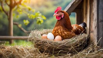 ai generato Marrone gallina seduta nel nido con uova. domestico azienda agricola uccello. pollame e agricoltura concetto. foto