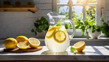 ai generato bicchiere caraffa brocca con limonata e Limone fette contro un' luminosa soleggiato cucina. fatti in casa bere. foto