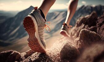 ai generato escursioni a piedi nel il montagne. femmina gambe con gli sport scarpe e zaino in esecuzione su un' pista montagna, vicino su foto