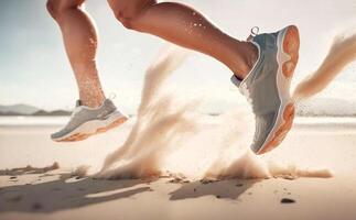 ai generato atleti piede nel scarpe da ginnastica quale inizia per correre. sabbia mosche sotto loro scarpe. foto