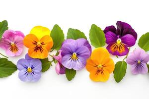 ai generato colorato primavera fiore bandiera con viola viole del pensiero. foto