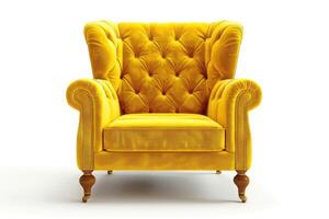 ai generato singolo giallo imbottito divano sedia su bianca sfondo foto
