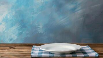ai generato vuoto piatto su tovaglia su di legno tavolo al di sopra di grunge blu sfondo foto