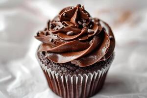 ai generato delizioso cioccolato Cupcake su bianca sfondo foto