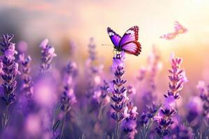 ai generato lavanda viola in crescita lavanda e volante farfalla nel primavera mattina panoramico Visualizza. foto