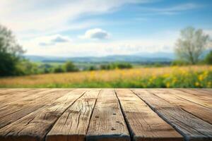 ai generato vuoto di legno tavolo superiore con terreni agricoli e blu cielo sfondo. foto