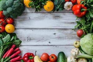 ai generato fresco agricoltori mercato frutta e verdura a partire dal sopra con copia spazio foto