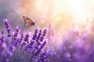 ai generato lavanda viola in crescita lavanda e volante farfalla nel primavera mattina panoramico Visualizza. foto