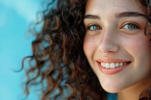 ai generato vicino su un' donna Sorridi bellezza donne e cosmetici con alla moda colorato rendere su foto