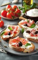 ai generato buongustaio pomodoro e prosciutto Bruschetta con olive e basilico su un' bianca piatto foto