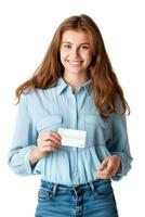 ai generato sorridente giovane donna Tenere un' credito carta, pronto per in linea shopping foto