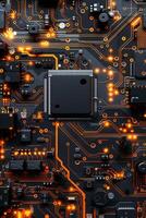 ai generato intricato circuito tavola con raggiante rosso connettori e elettronico componenti foto